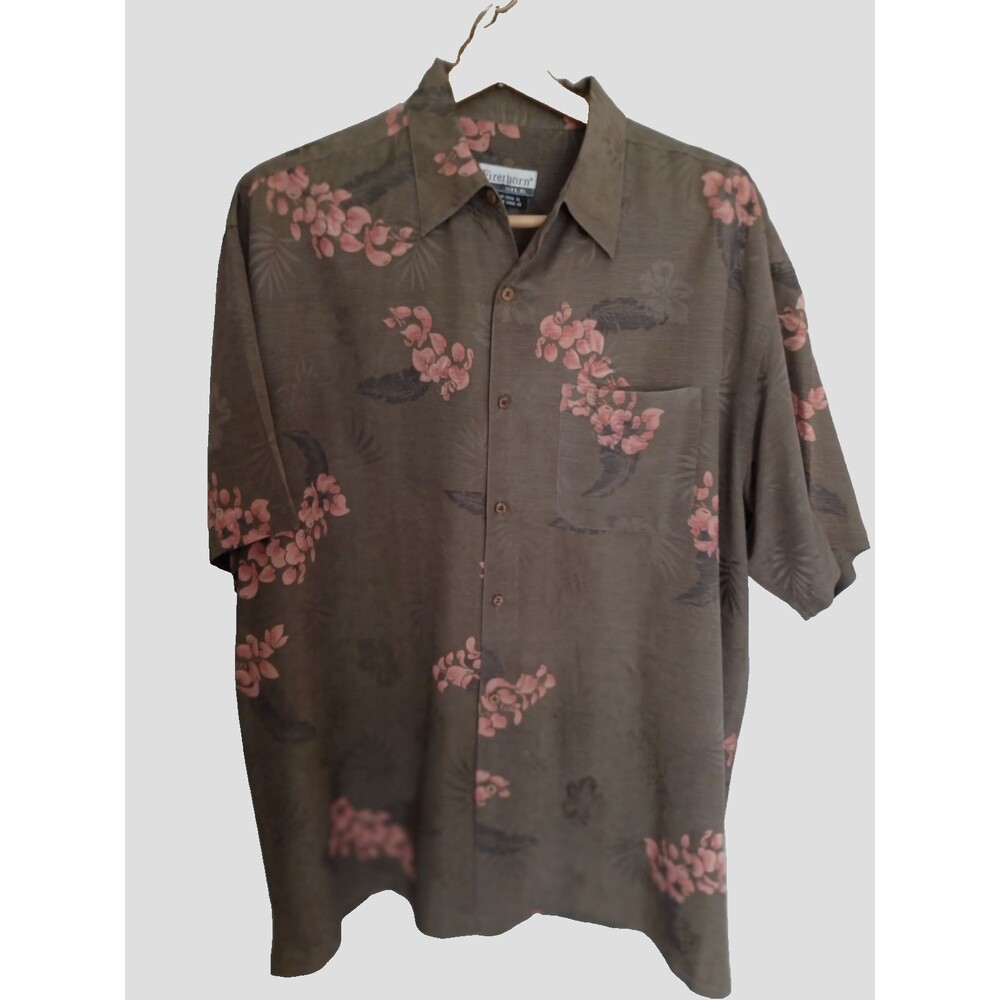 Mens XL 100% Silk Firethorn Shirt Short Sleeves Tropical Brown
